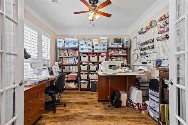 218 Begonia Ct, Griffin, GA 30223 - office with a ceiling fan, ornamental molding, wood finished floors, and french doors