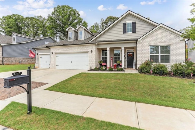 craftsman-style house featuring a garage, covered porch, and a front lawn