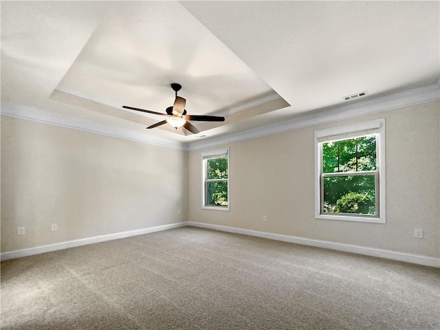 spare room featuring carpet flooring, a tray ceiling, ceiling fan, and crown molding