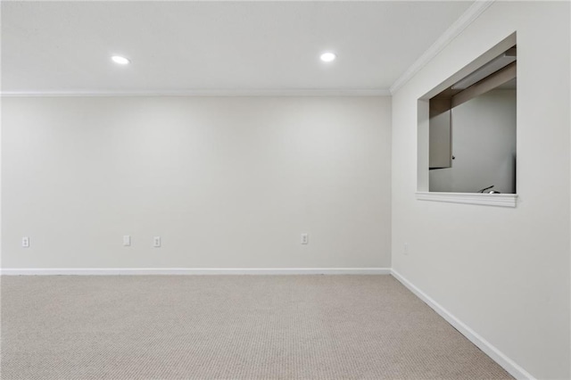 unfurnished room with carpet, baseboards, crown molding, and recessed lighting