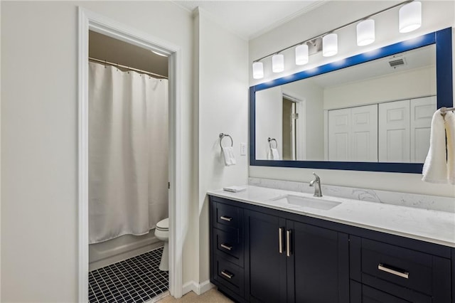 full bath with toilet, visible vents, vanity, ornamental molding, and tile patterned floors