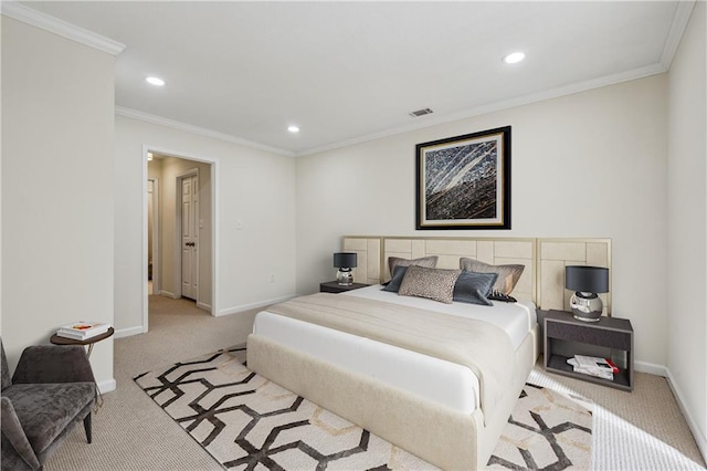 carpeted bedroom with baseboards, crown molding, and recessed lighting