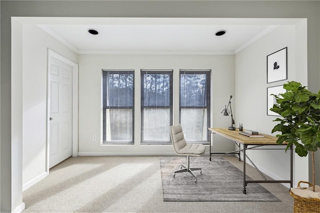 carpeted office featuring baseboards and ornamental molding