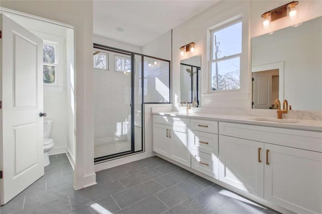 bathroom featuring vanity, toilet, and a shower with shower door