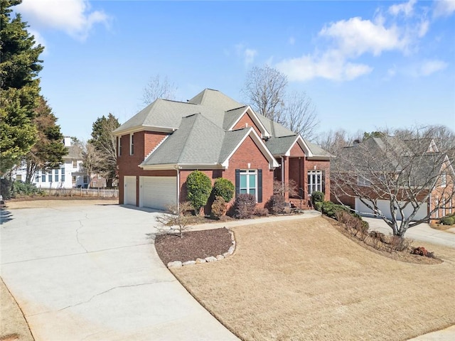 view of front of house featuring driveway, a shingled roof, a garage, and brick siding