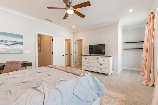 1964 Attell Way, Decatur, GA 30033 - bedroom with crown molding, light colored carpet, recessed lighting, baseboards, and a ceiling fan
