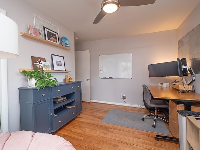 office area featuring ceiling fan and light hardwood / wood-style flooring