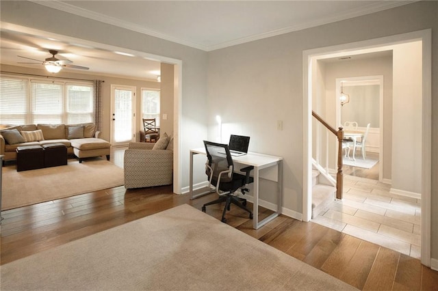 4130 Providnce Sq, Alpharetta, GA 30009 - office featuring ceiling fan, wood finished floors, baseboards, and ornamental molding