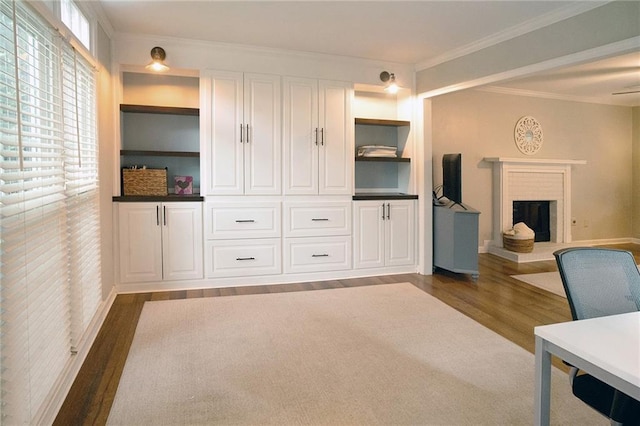 4130 Providnce Sq, Alpharetta, GA 30009 - office featuring dark wood finished floors, ornamental molding, a fireplace, baseboards, and built in features