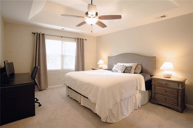 4130 Providnce Sq, Alpharetta, GA 30009 - bedroom featuring light colored carpet, an office area, a raised ceiling, baseboards, and a ceiling fan