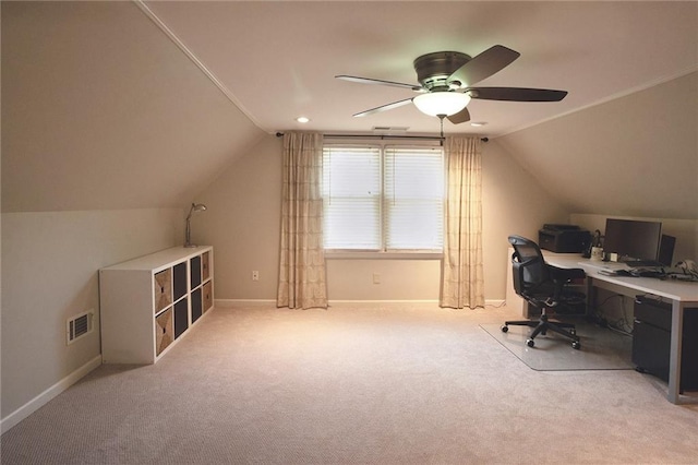 4130 Providnce Sq, Alpharetta, GA 30009 - carpeted home office featuring ceiling fan, vaulted ceiling, and baseboards