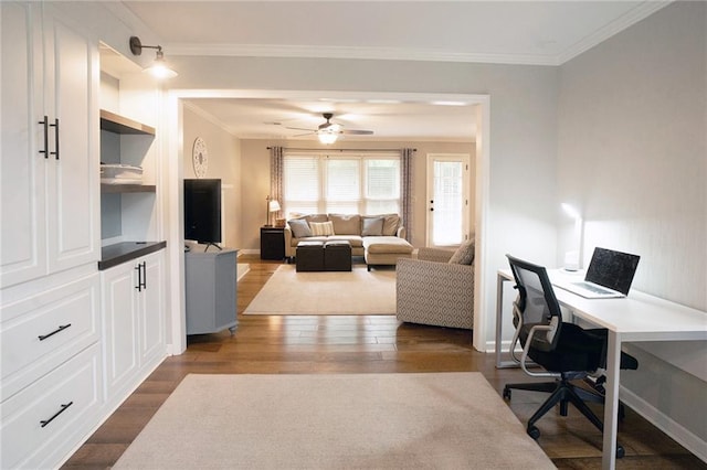 4130 Providnce Sq, Alpharetta, GA 30009 - office featuring dark wood-style flooring, crown molding, a ceiling fan, and baseboards