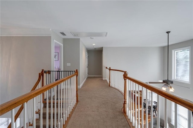 hall featuring light colored carpet