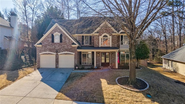 view of property with a porch, a garage, and a front lawn