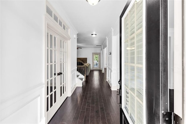 908 Rainsong Ct, Braselton, GA 30517 - hall featuring french doors, ornamental molding, dark wood-style floors, wainscoting, and a decorative wall