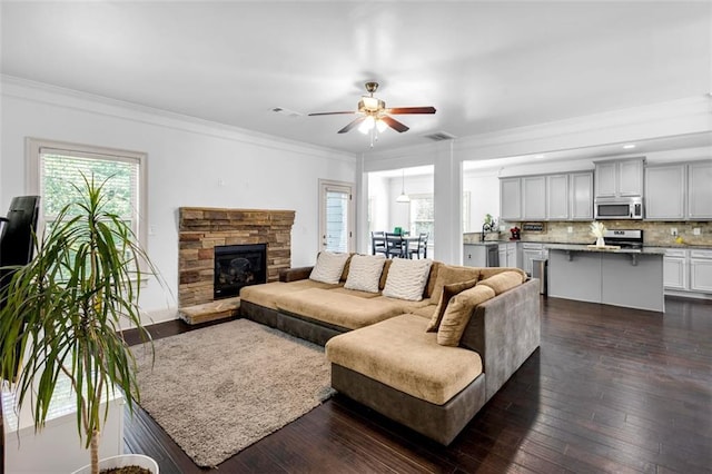 908 Rainsong Ct, Braselton, GA 30517 - living room with a ceiling fan, crown molding, dark wood finished floors, and a fireplace