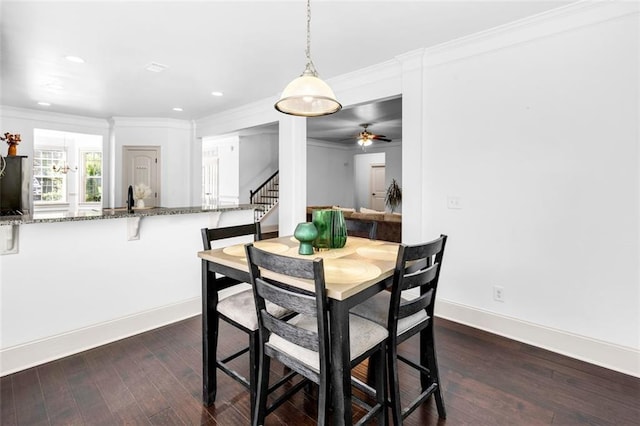 908 Rainsong Ct, Braselton, GA 30517 - dining area featuring stairs, ornamental molding, a ceiling fan, dark wood-style flooring, and recessed lighting