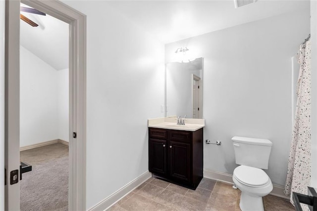 908 Rainsong Ct, Braselton, GA 30517 - bathroom featuring vanity, a ceiling fan, a shower with shower curtain, and tile patterned floors