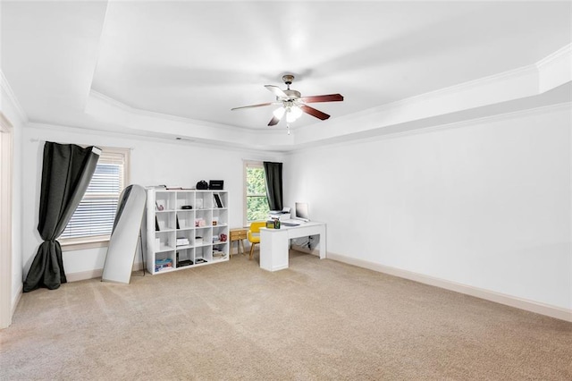 908 Rainsong Ct, Braselton, GA 30517 - unfurnished office with a raised ceiling, a ceiling fan, crown molding, and carpet