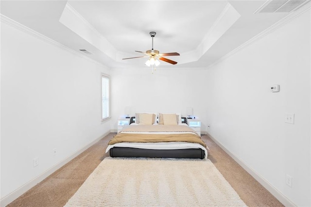 908 Rainsong Ct, Braselton, GA 30517 - bedroom featuring light colored carpet, a tray ceiling, crown molding, and a ceiling fan