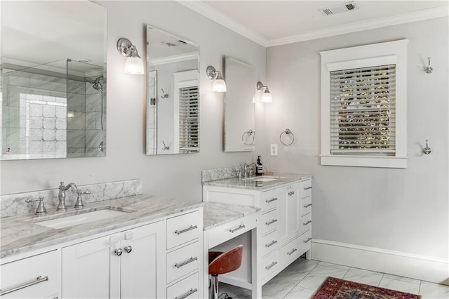 full bath featuring visible vents, ornamental molding, a stall shower, marble finish floor, and a sink