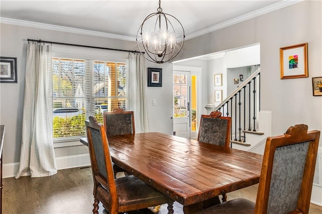 dining space with plenty of natural light, dark wood-type flooring, and ornamental molding