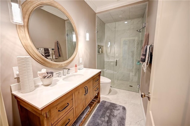 bathroom featuring toilet, vanity, ornamental molding, and walk in shower