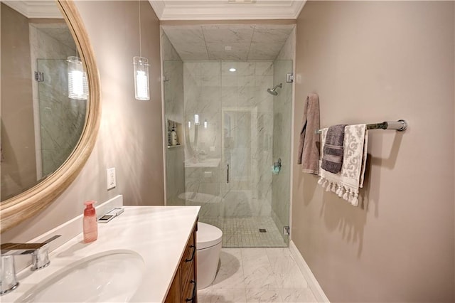 bathroom featuring ornamental molding, toilet, vanity, and walk in shower