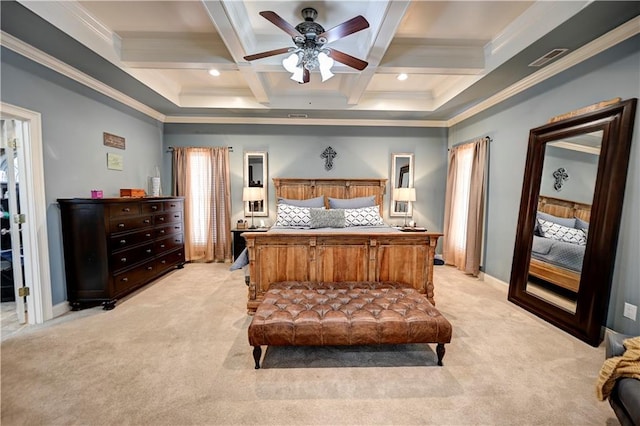 bedroom with light carpet, ceiling fan, crown molding, and coffered ceiling