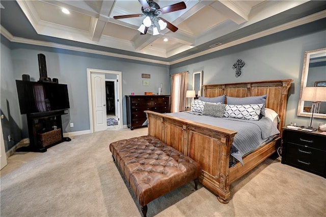 bedroom featuring light colored carpet, coffered ceiling, ceiling fan, ornamental molding, and beam ceiling