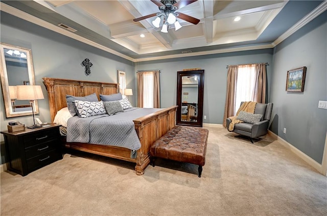 bedroom with light carpet, ornamental molding, coffered ceiling, ceiling fan, and beam ceiling