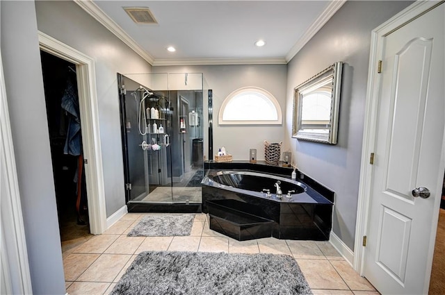 bathroom with plus walk in shower, tile patterned flooring, and ornamental molding