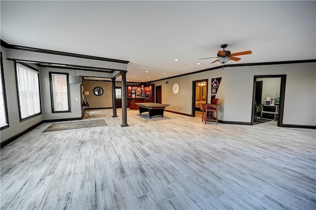 rec room with light hardwood / wood-style flooring, ceiling fan, crown molding, and billiards