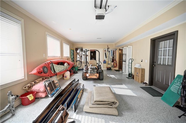 workout room featuring ornamental molding