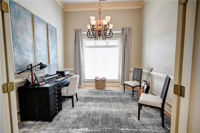 office with hardwood / wood-style floors, crown molding, and an inviting chandelier