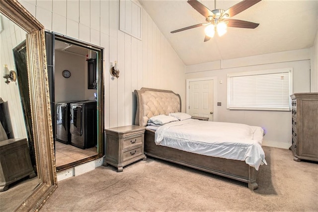 bedroom with lofted ceiling, light colored carpet, ceiling fan, and access to exterior