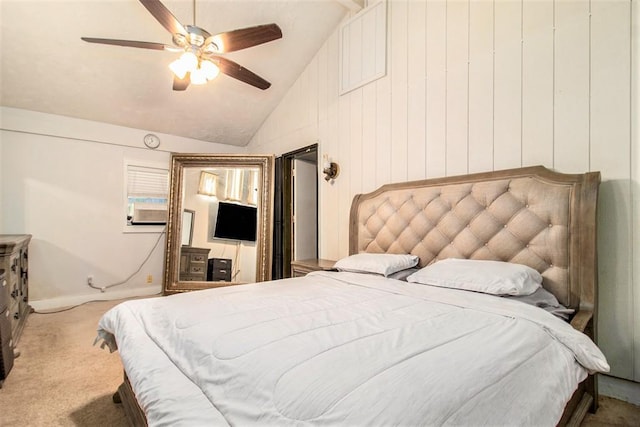 carpeted bedroom featuring lofted ceiling, a ceiling fan, and cooling unit