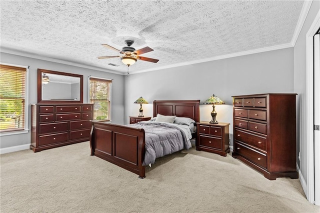 150 S St S, Buford, GA 30518 - bedroom featuring ornamental molding, light carpet, a textured ceiling, a ceiling fan, and baseboards