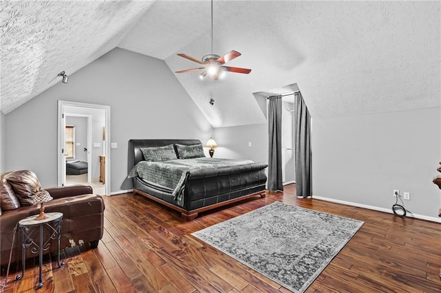 150 S St S, Buford, GA 30518 - bedroom with a textured ceiling, vaulted ceiling, wood finished floors, baseboards, and ceiling fan