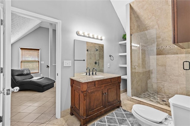 150 S St S, Buford, GA 30518 - full bathroom featuring lofted ceiling, tile patterned flooring, toilet, a shower stall, and vanity