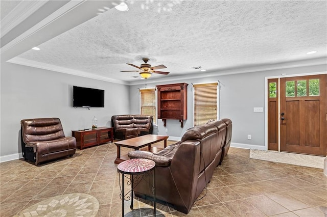 150 S St S, Buford, GA 30518 - living area featuring recessed lighting, light tile patterned floors, a ceiling fan, baseboards, and a textured ceiling