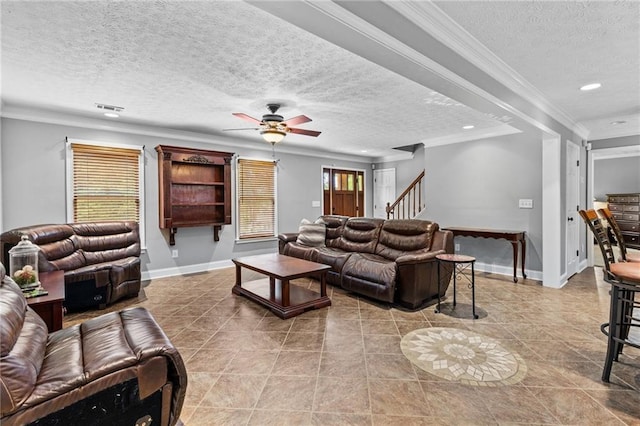 150 S St S, Buford, GA 30518 - living area with a textured ceiling, light tile patterned floors, a ceiling fan, recessed lighting, and baseboards