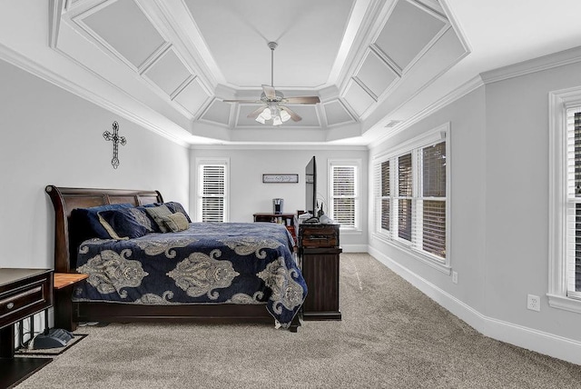 bedroom with ornamental molding, ceiling fan, and carpet flooring