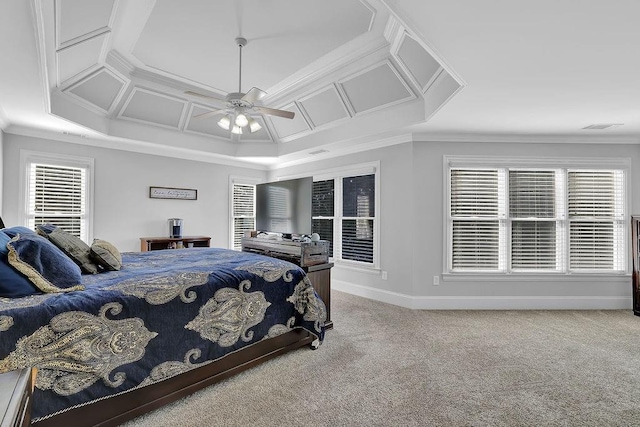 bedroom with crown molding, carpet flooring, coffered ceiling, and ceiling fan