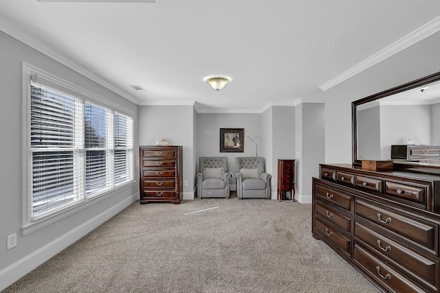 living area with crown molding and light carpet