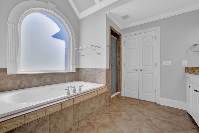 bathroom with vanity, tile patterned floors, ornamental molding, and separate shower and tub