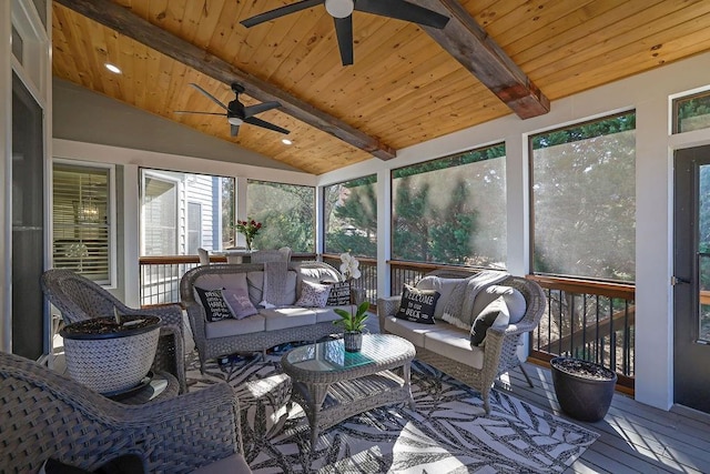 sunroom / solarium featuring vaulted ceiling with beams, wood ceiling, and ceiling fan