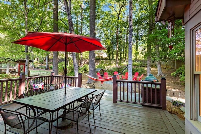 deck featuring a fenced backyard and outdoor dining space