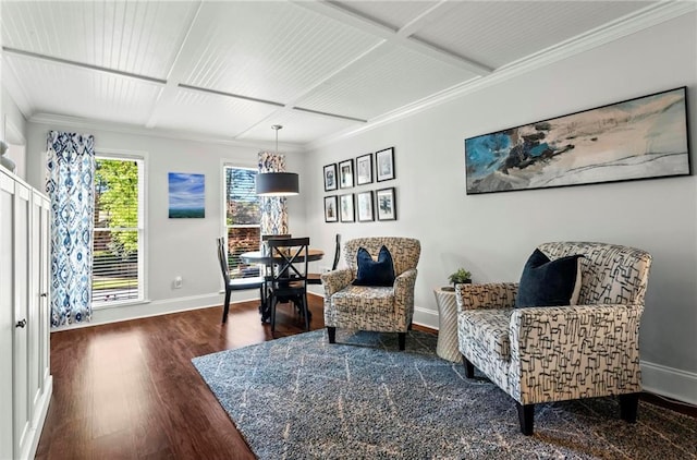 sitting room with wood finished floors, baseboards, coffered ceiling, and crown molding