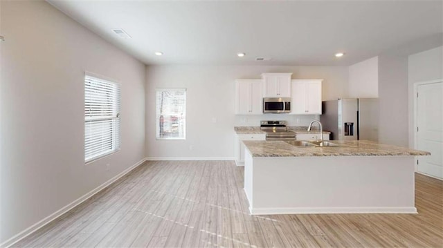 kitchen with white cabinets, appliances with stainless steel finishes, a kitchen island with sink, and sink